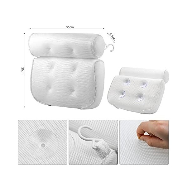 iRenXiao 3D Coussin Baignoire, Coussin de Bain Air Mesh avec 6 Ventouses Antidérapant et Puissantes Oreiller de Bain Ergonomi