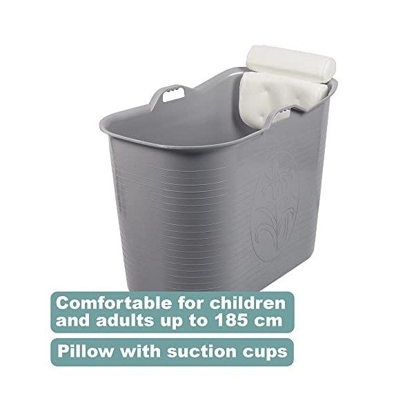 FlinQ Bath Bucket Gris avec Oreiller | XL Mobile Baignoire Pour Adultes et Enfants avec oreiller cervical | Baignoire Outdoor