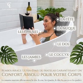 Coussin Baignoire Corps Complet Claesson Living 125x43cm - Matelas de Bain avec appuie-tête et supports pour le corps - Cou