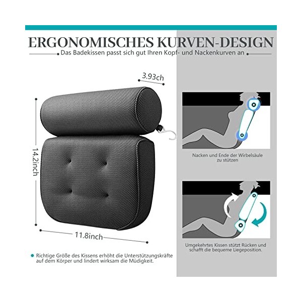 Coussin de bain pour la nuque - Avec 6 grandes ventouses - Séchage rapide - Ergonomique - Confortable - Gris