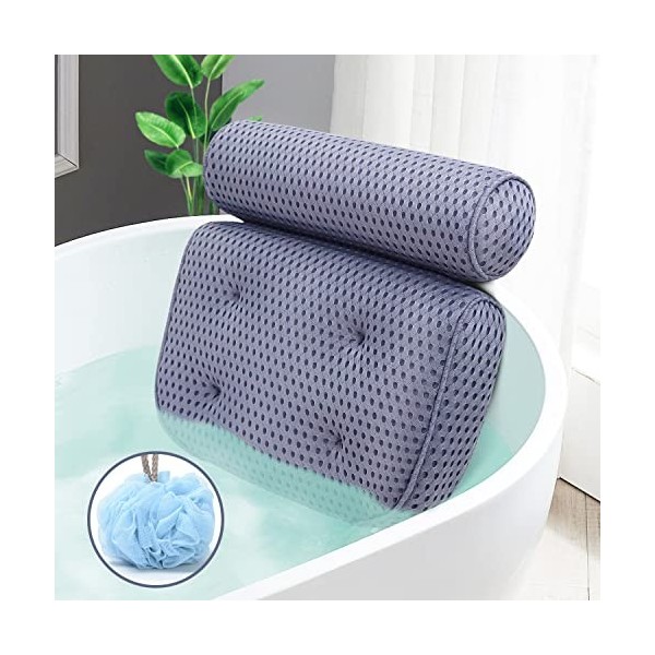 Oreiller de bain ergonomique antidérapant avec technologie de maille dair 4D améliorée et 6 ventouses puissantes antidérapan