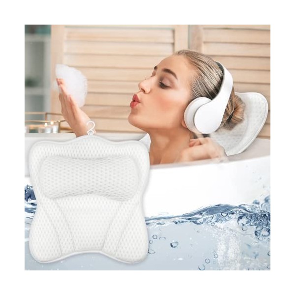 NAJILI Oreiller de Bain, Coussin de Spa 4D Air Mesh avec 6 Ventouses Antidérapant Ergonomique Bain Oreiller, Lavable en Machi