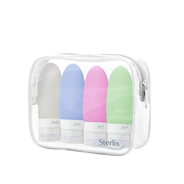 Sterlix Lot de 4 Bouteilles de Voyage en Silicone de 89 ML avec Sac Transparent à Fermeture éclair – Parfait pour Les lotions