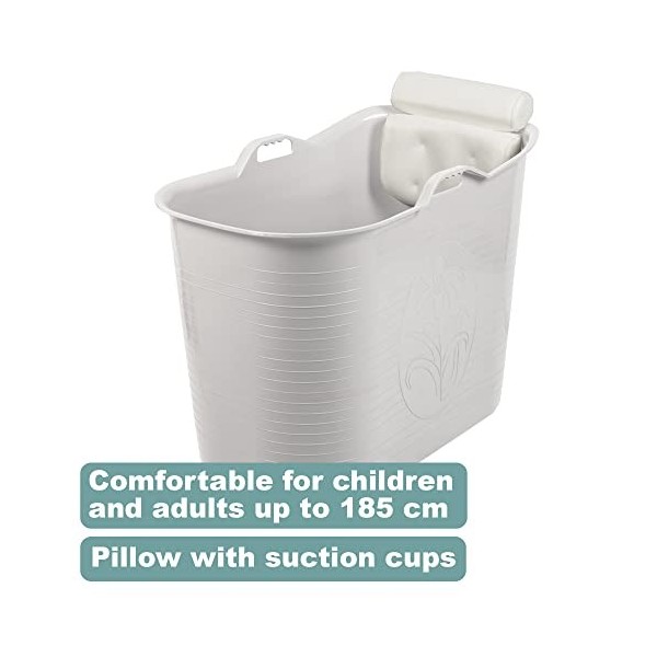 FlinQ Bath Bucket Blanc avec Oreiller | XL Mobile Baignoire Pour Adultes et Enfants avec oreiller cervical | Baignoire Outdoo