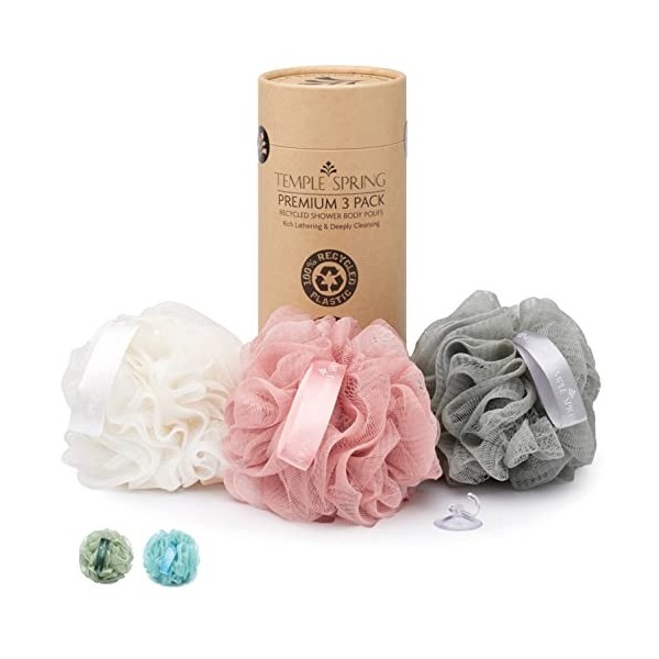 Temple Spring - Lot de 3 fleurs de douche, éponge de bain naturelle, fleur de douche naturelle, écologique et recyclée, bross