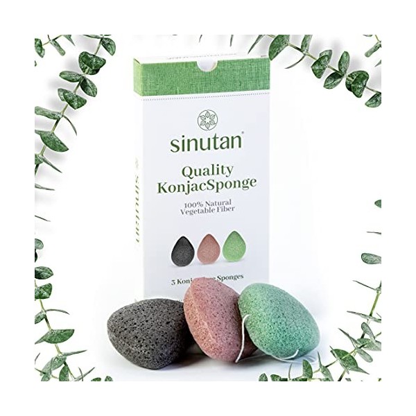 Sinutan® | Eponge Konjac 100% Naturelle pack de 3 pour Exfoliation et Nettoyage en Profondeur des Pores | Charbon de Bambou