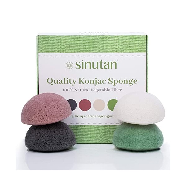 Sinutan® Éponge Konjac Visage | 100% Naturel | Charbon de Bambou Activé/Thé Vert/Argile Rouge/Blanc Pur | Éponge Konjac ronde