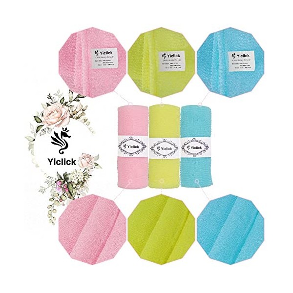 Yiclick Lot de 3 serviettes de toilette exfoliantes japonaises pour exfoliation du corps, laveuse coréenne pour le dos pour l