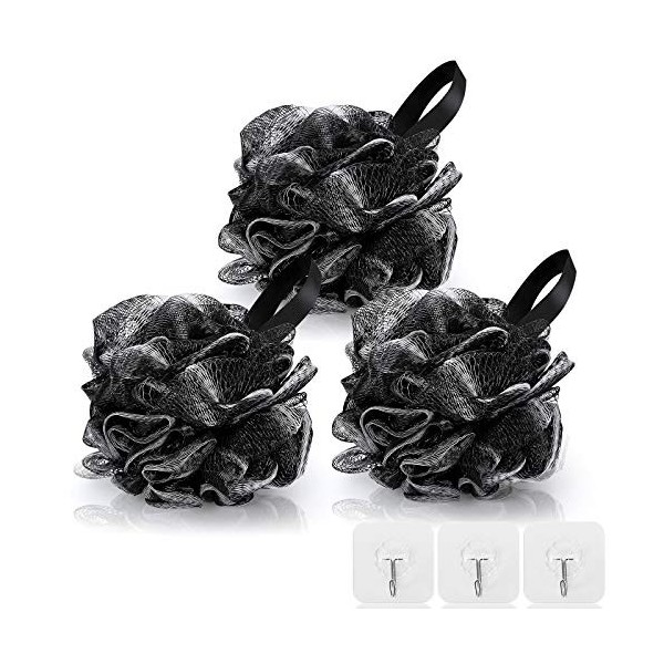 AMGOMH 3 Pcs Bain Douche Éponge, Noir Éponge Loofahs pour Bain avec Corde Suspendue aux Hommes et aux Femmes Exfolier La Peau