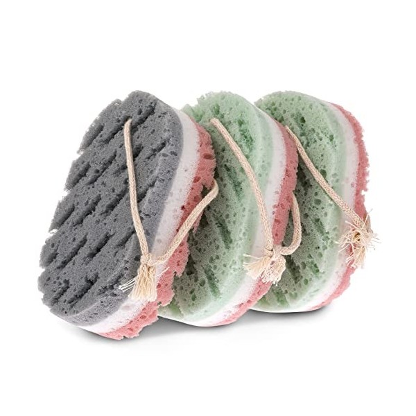 WLLHYF Lot de 3 éponges de bain pour femme, éponge luffa exfoliante profonde pour le corps, éponge de douche de grande taille