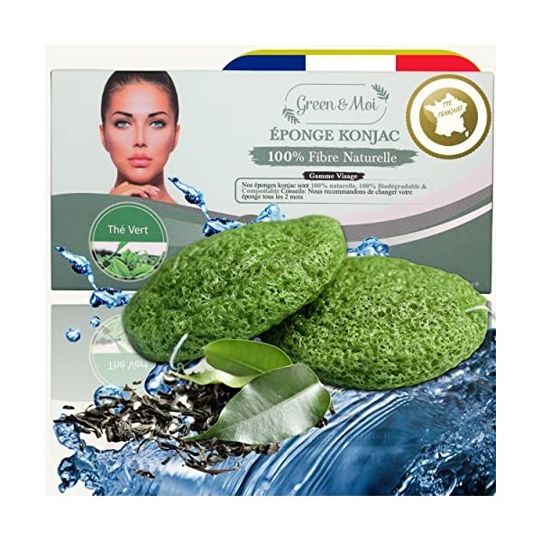 Eponge konjac visage peau sensible The vert naturel -Lot 2 pcs- Haute  Qualite Exfoliation en profondeur de la peau Soin contr