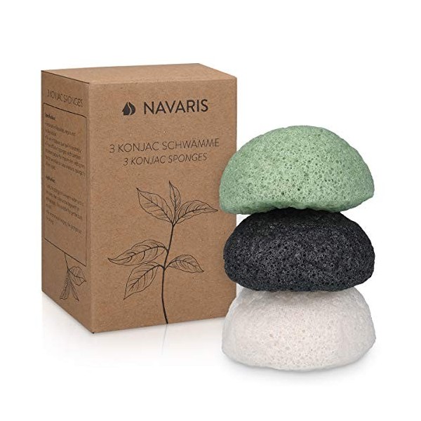 Navaris Éponge konjac - Lot 8 éponges de konjac pour visage tout type de peau - Éponge noire blanche verte rose rouge 100% na