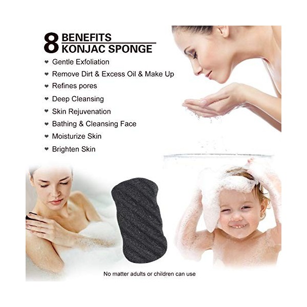 Dcolor Konjac Lot déponges avec charbon de bambou actif – Éponge de nettoyage pour le corps et le visage pour le soin de la 