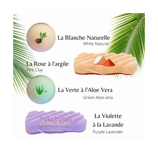 Eponge Konjac Lot de 4 Eponges – Visage et Corps – Accessoire Beauté Naturel Bain et Douche - Exfoliante & Nettoyante – Gre