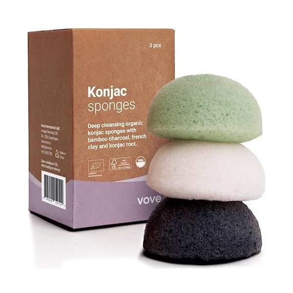 Vove | Eponge Konjac Premium | 3 Pièces | Biologique et Écologique | Charbon Actif et Argile Française | Exfoliant Doux pour 