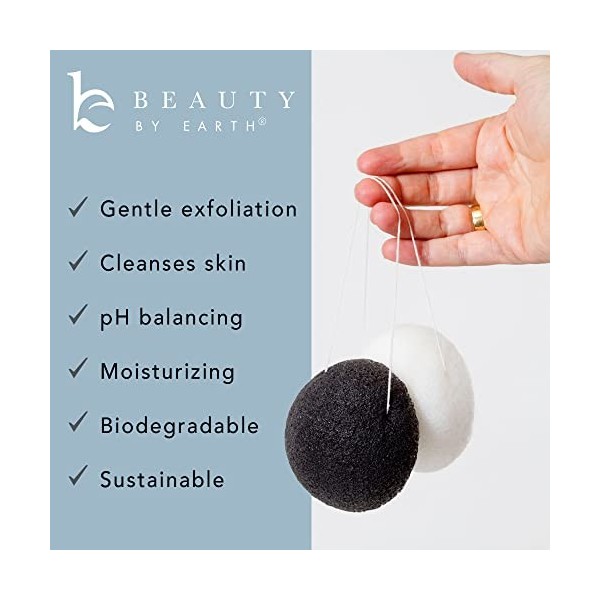 Beauty by Earth Lot de 2 éponges faciales Konjac - Charbon Noir & Blanc Naturel pour peaux sensibles à tendance grasse ou A