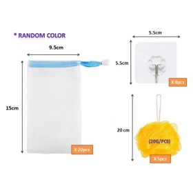 Kellegour Ensemble de Sacs en Filet à Bulles,20 Sac en Filet de Savon,avec 5 Éponges de Douche,8 Crochets Adhésifs Transparen