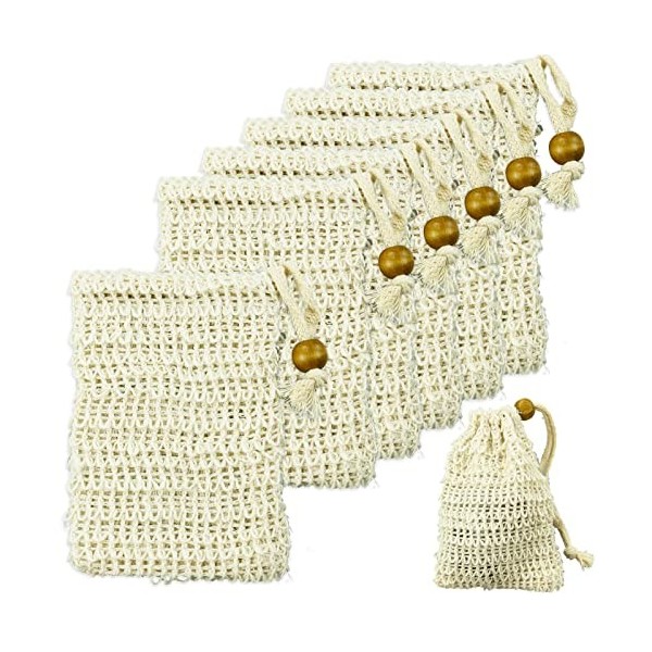 Sac à Savon en Sisal, Sac à Savon Bio, Sachets à Savon en Coton, Naturel Sachet à Savon avec Cordon Déal pour la Baignade et 