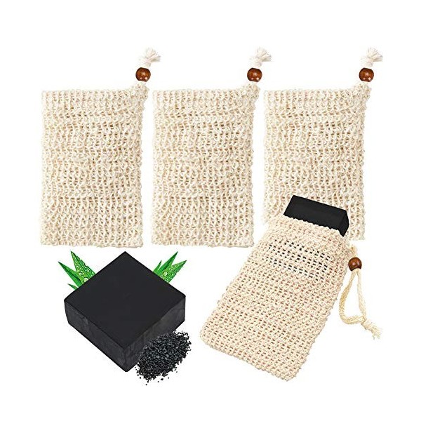 Sac de savon naturel - INTVN 4 pcs Sac à Savon en Sisal | 2 pcs Savon au charbon de bambou, Filet à Savon Naturel Sachet à Sa