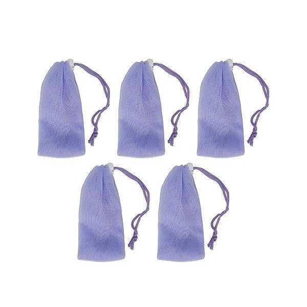 Lot de 5 Sachets de Savon en Maille, Sac de Savon Doux pour la Douche, Filet en Mousse à Bulles Violet avec Cordon de Serrage