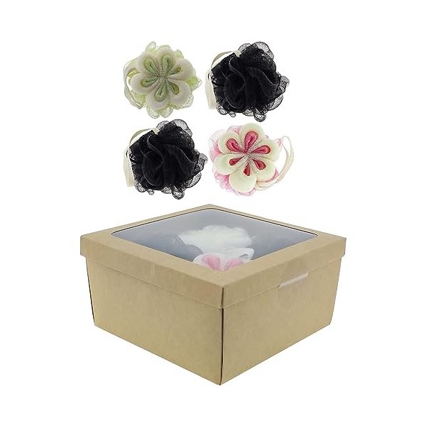 Lot de 4 éponges de douche Ø 10 cm 2 x noir, 1 x fleur rose, 1 x fleur verte dans un emballage cadeau