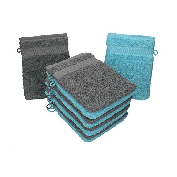 Betz Lot de 10 Gants de Toilette Taille 16x21 cm 100% Coton Premium Couleur Turquoise, Gris Anthracite