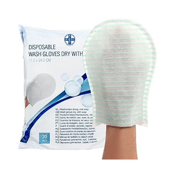 AIESI® Gants de toilette jetables avec savon haute qualité imperméable avec éponge douce Paquet de 20 pièces , Délicatement 