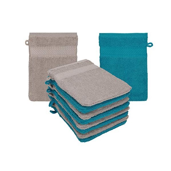 Betz Lot de 10 Gants de Toilette Palermo 100% Coton Taille 16x21 cm Bleu pétrole-Gris Pierre