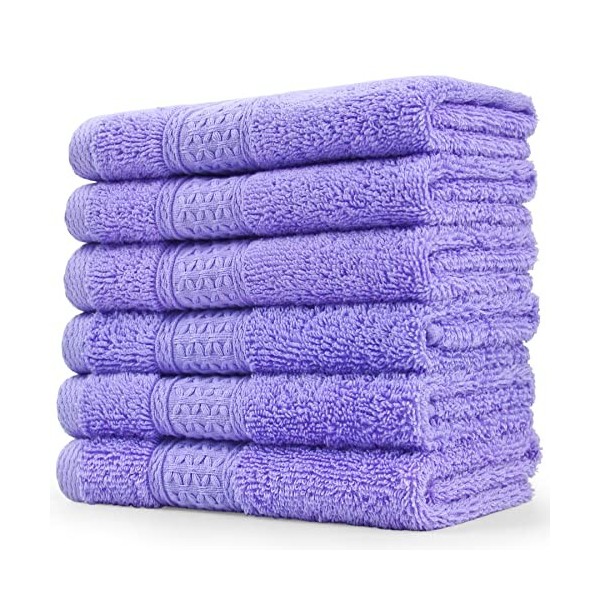 Cleanbear Lot de 6 gants de toilette pour le visage 100 % coton ultra doux avec bande décorative 33 x 33 cm lavande 