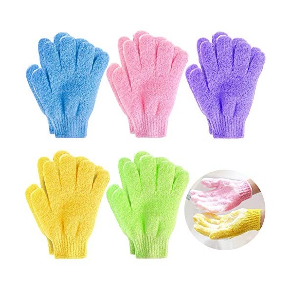 Demason 5 Pairs Gants Exfoliants, Gants Gommage Corps Double Face pour Hommes Femmes Enfants Couleurs Assorties pour Douche, 