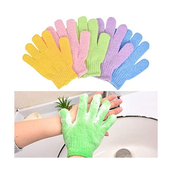 YANSHON 5 Pairs Gants de Bain Exfoliants Gants Gommage Corps Double Face pour Hommes Femmes Douche Bain Gants de Corps en Nyl