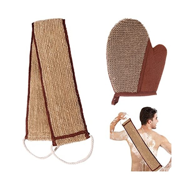 2 Pièces Gants Exfoliants en Jute et Sangle Lave Dos en jute,Eponge Exfoliante Dos,Gants exfoliants naturels pour bains du do