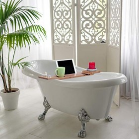 Relaxdays Pont de Baignoire Bambou, 70cm Large, Tablette de Salle de Bain Verre, Portable, Plateau à Suspendre, Nature