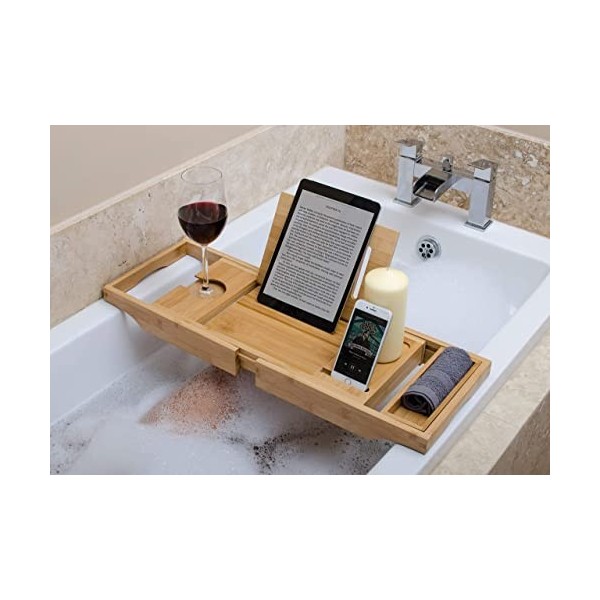 bathbü Pont de Baignoire Luxe | Bras Extensibles 63-93cm | Support pour Livre/Tablette | Support pour Verre à vin | Plateau