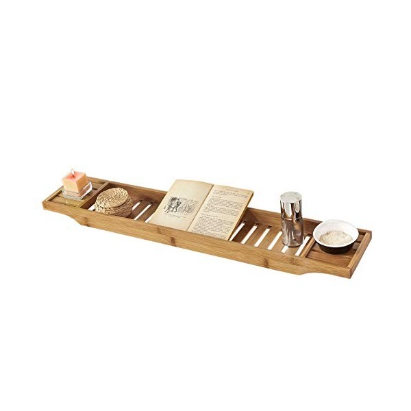 SoBuy® FRG212-N Pont de Baignoire en Bambou Porte Savon et Gel Douche Serviteur de Baignoire L80cmxP15cmxH4cm