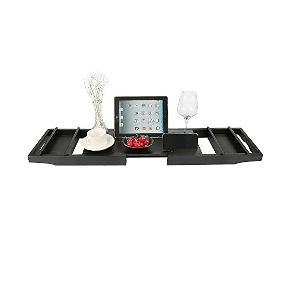 Plateau Baignoire, Pont de Baignoire en Bambou Extensible 70-105cm, Planche Bain Baignoire avec Support pour iPad/Téléphone e