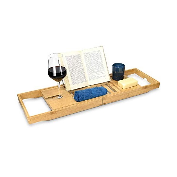 Navaris Pont de Baignoire Bambou - Plateau de Bain Extensible 70-104 cm avec Support Rangement Tablette Livre téléphone Verre