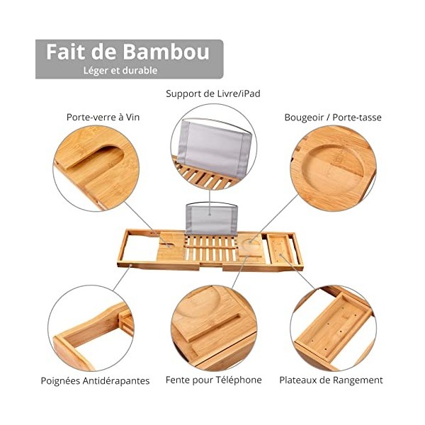 Plateaux pour Baignoire, TANiCE Pont de Baignoire Extensible en Bambou Support de Rangement de Baignoire pour Téléphone Table