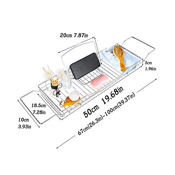 HGTRH Ponts de Baignoire, Acier Inoxydable Extensible Planche pour Baignoire, Verre à Vin, Livre, TéLéPhone, Porte Savon, Eta