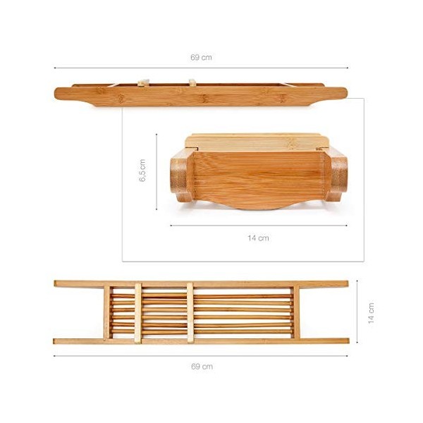 Relaxdays Pont de Baignoire Salle de Bain Rangement en bois de Bambou HxlxP : 6,5 x 69 x 14 cm bougie livre verre accessoires