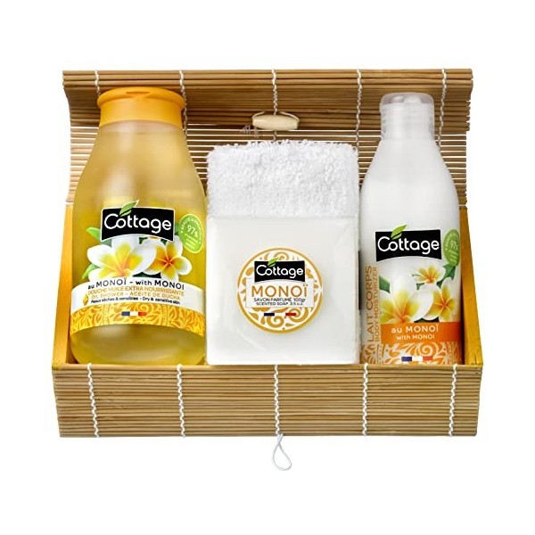 Cottage Coffret Cadeau Monoï - 1 Gel douche Huile + 1 Lait Corps Hydratant + 1 savon solide + 1 serviette éponge - Fabriqué e