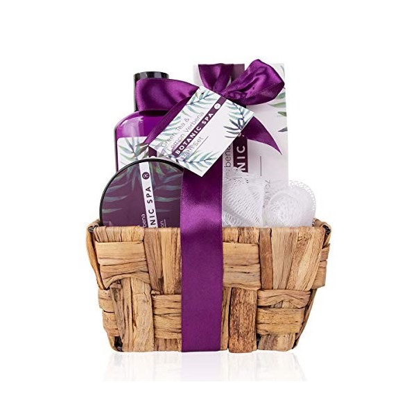 accentra Coffret Botanic SPA dans un panier en jonc de mer, ensemble bain et douche - Coffret cadeau 5 pièces dans un panier 