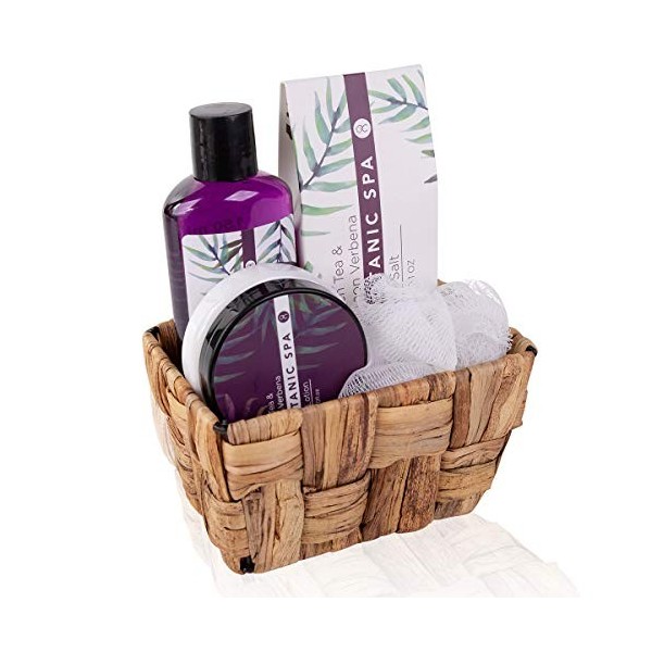 accentra Coffret Botanic SPA dans un panier en jonc de mer, ensemble bain et douche - Coffret cadeau 5 pièces dans un panier 