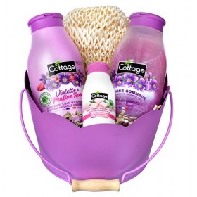 Cottage Coffret - 1 Gel douche + 1 Douche Gommage + 1 Lait Corps Hydratant + 1 éponge exfoliante - Violette & Praline Rose- F