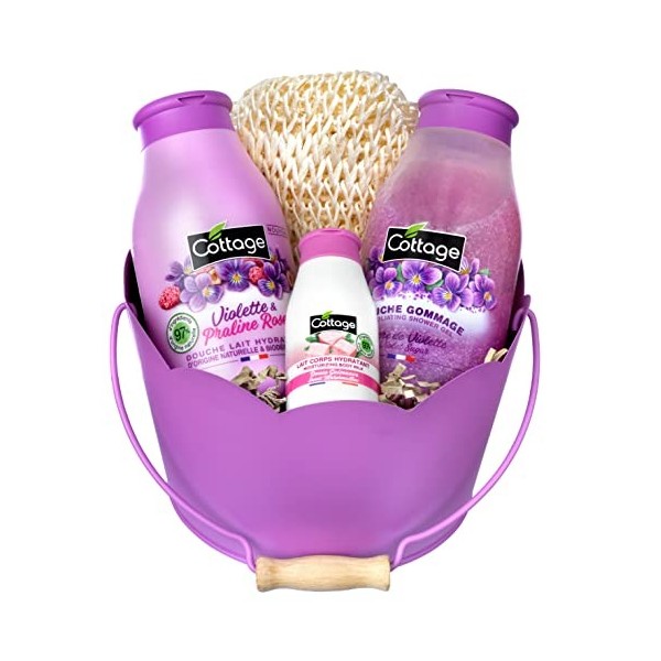 Cottage Coffret - 1 Gel douche + 1 Douche Gommage + 1 Lait Corps Hydratant + 1 éponge exfoliante - Violette & Praline Rose- F