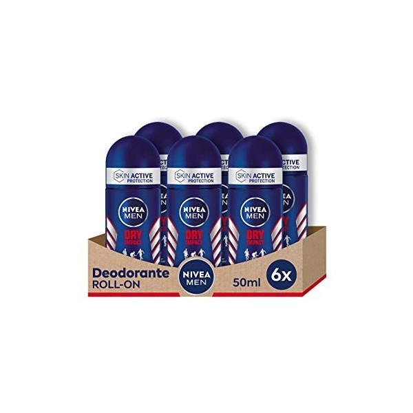 NIVEA MEN Dry Impact Déodorant Roll-on 6 x 50 ml, Déodorant homme anti-transpirant pour tous les types de peau, Déodorant ant