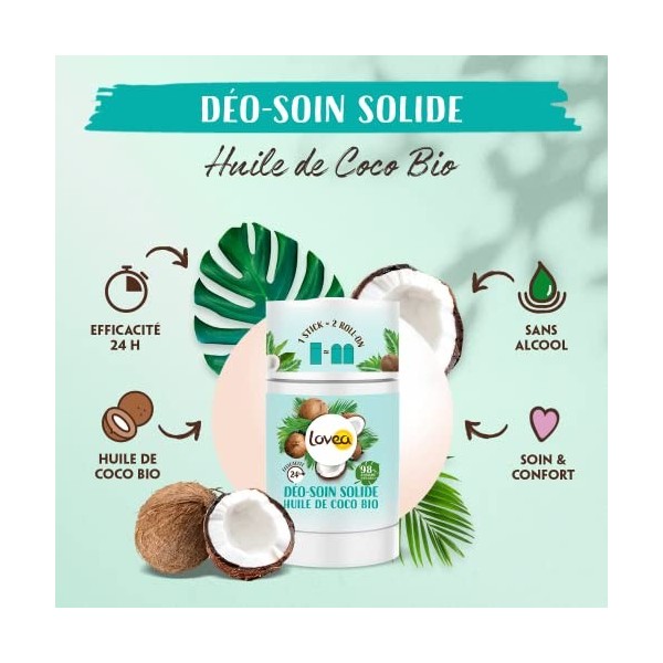 LOVEA - Déo-Soin Solide - Déodorant - Huile De Coco Bio - Efficacité 24h - 98% DOrigine Naturelle - Sans Alcool - Vegan - Ce