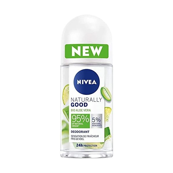 NIVEA NATURALLY GOOD Déodorant Femme Aloe Vera Bio Bille 50 ml, déodorant avec 95% d’ingrédients d’origine naturelle, roll-on
