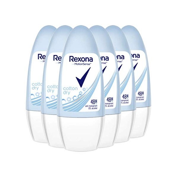 Rexona Cotton dry Lot de 6 déodorants roll-on Femme 50 ml