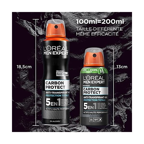 LOréal Paris Men Expert - Carbon Protect Déodorant Spray Compressé 5-en-1 - 100 ml 200 ml compressés 